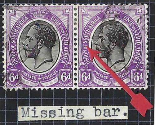 Union of South Africa -  6d king`s head pair with missing bar (F) on right stamp
