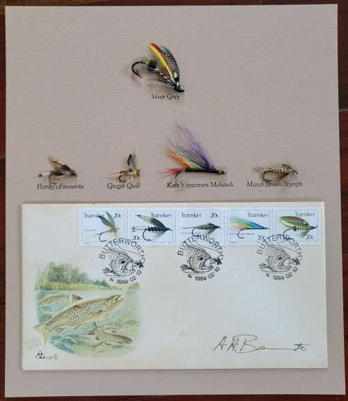 Transkei fishing fly cover (toned) signed by artist + real fishing flies