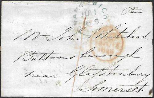 GB stampless letter with Namptwich 11 Jun 1849 departure + Gastonbury 13 Jun 1849 arrival postmarks