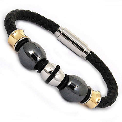 MENS STAINLESS STEEL & LEATHER BANGLE