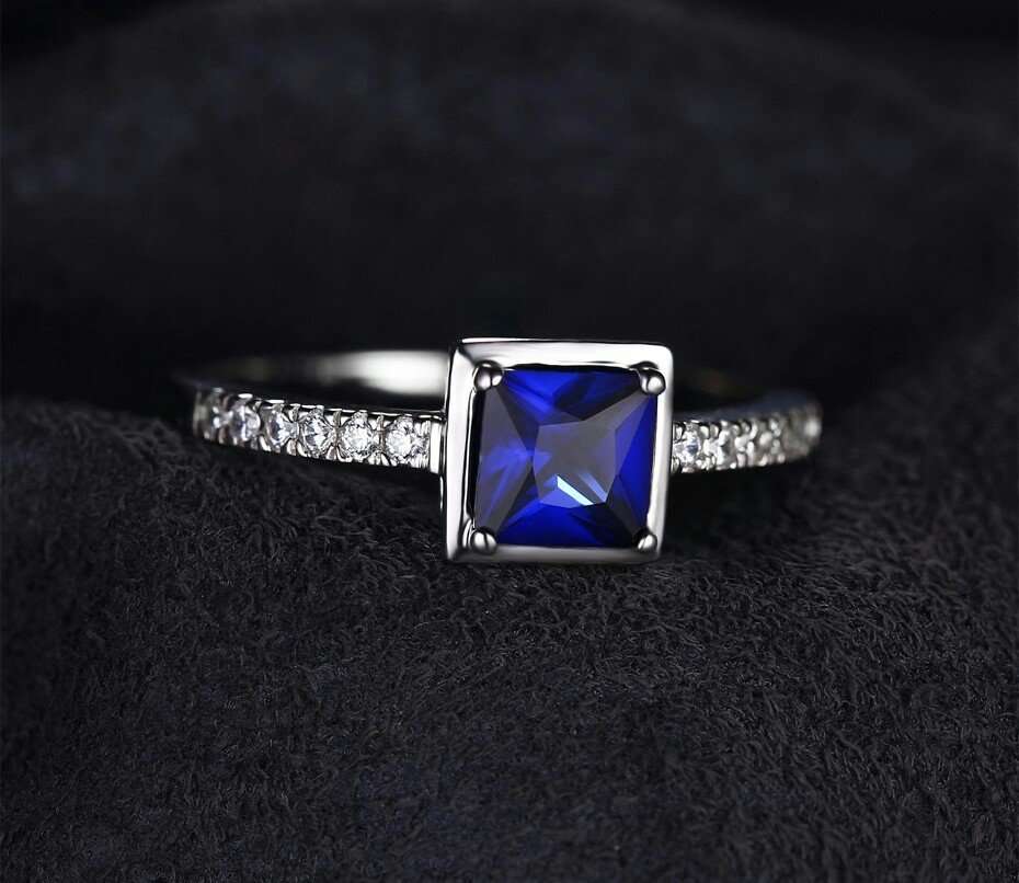 Blue Created Sapphire Sterling Silver Solitary Square Ring