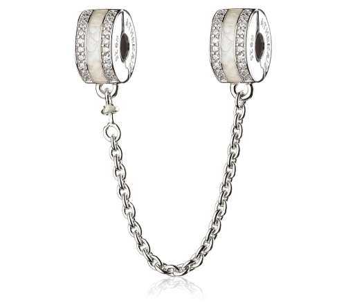 925 Genuine Sterling Silver With Cubic Zirconia and White Enamel Safety Chain