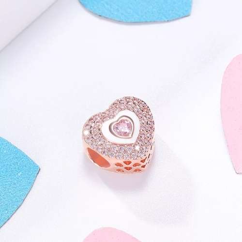 NEW 100% 925 Sterling Silver Sparkly Rose Gold Heart Charm