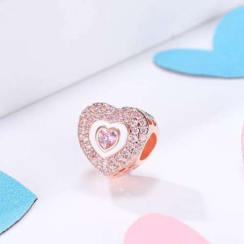 NEW 100% 925 Sterling Silver Sparkly Rose Gold Heart Charm