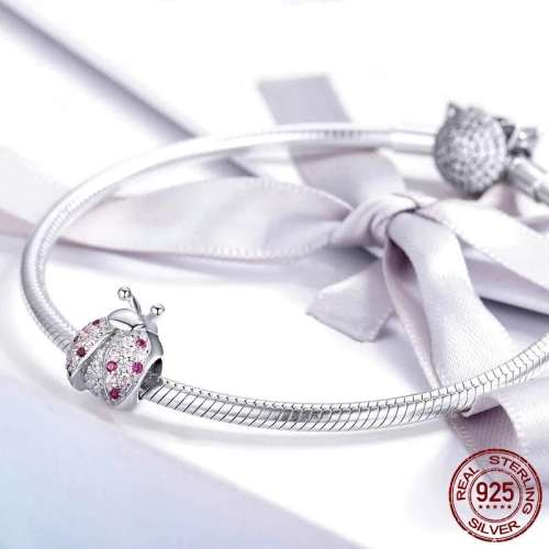 925 Sterling Silver Crystal Pink Ladybug Charm