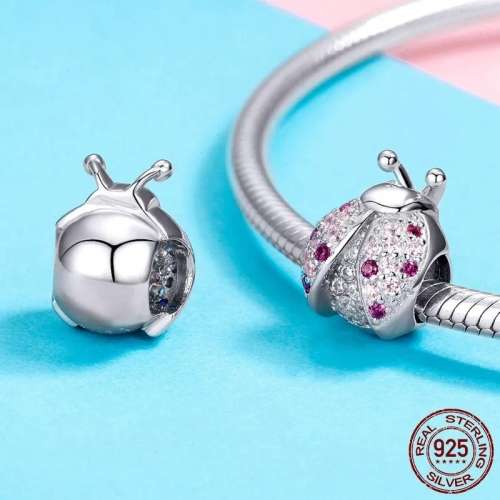 925 Sterling Silver Crystal Pink Ladybug Charm