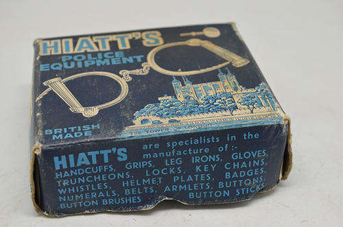 Hiatt's Police Equipment. Handcuffs + key no. 115 in original box