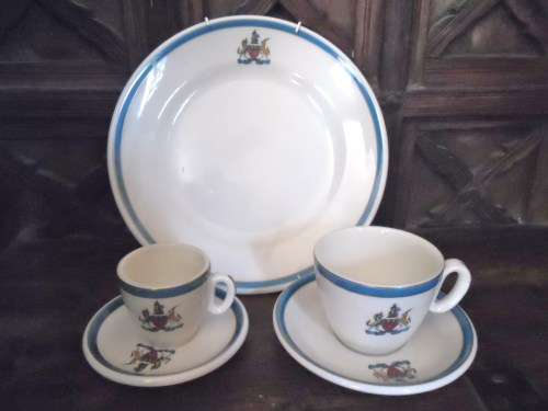 Two Cups and Saucers plus Display Plate with Spes Bona Crest (Cape Town Coat of Arms)