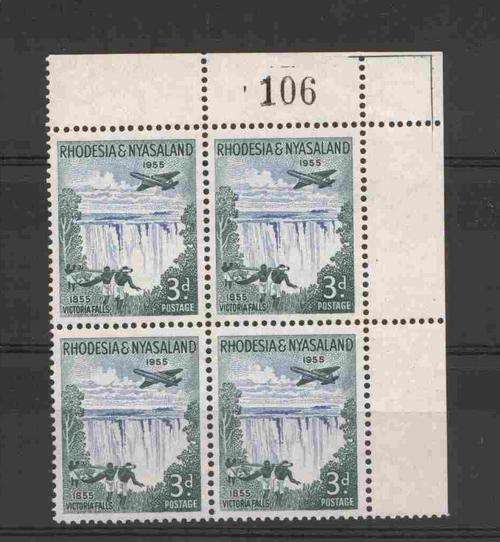 Rhodesia & Nyasaland 1955 3d Imprint Block of 4 MM SACC 16 CV R40
