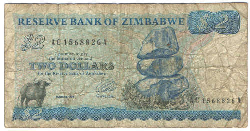 Zimbabwe Two Dollar Bank Note AC series 1994