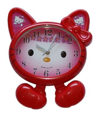 HELLO KITTY WALL CLOCK IN RED WITH SWINGING LEGS - NO BATTERIES INCLUDED