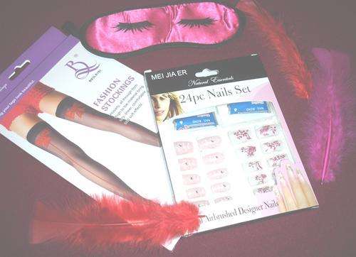 Ladies Sexy Stockings & Blind Fold (With Nail Kit & Feathers)
