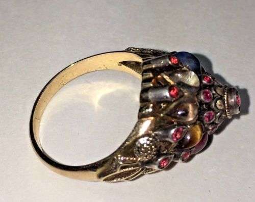 Unique Vintage 18k Gold Ring - Natural Ruby and Semi Precious Cabochon Stones