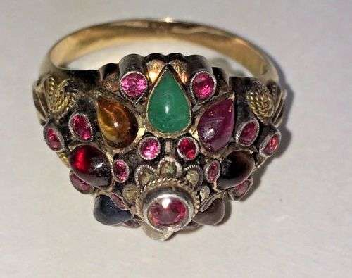 Unique Vintage 18k Gold Ring - Natural Ruby and Semi Precious Cabochon Stones