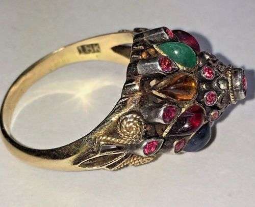Unique Vintage 18k Gold Ring - Natural Ruby and Semi Precious Cabochon Stones