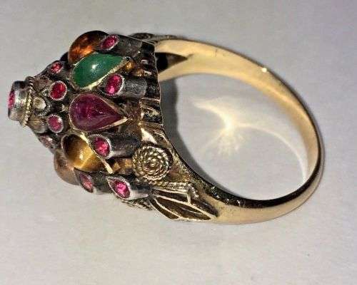 Unique Vintage 18k Gold Ring - Natural Ruby and Semi Precious Cabochon Stones