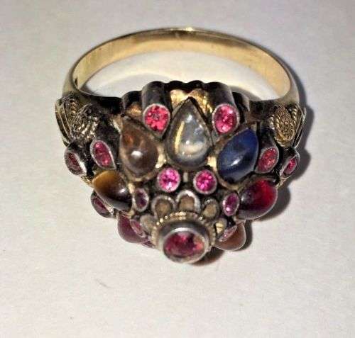 Unique Vintage 18k Gold Ring - Natural Ruby and Semi Precious Cabochon Stones