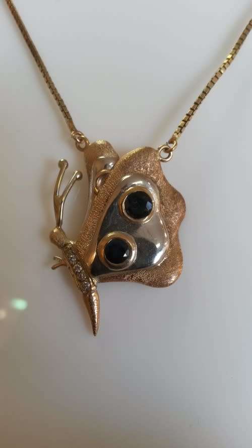 9ct Yellow and White Gold Diamond and Sapphire Butterfly Pendant with Box Chain