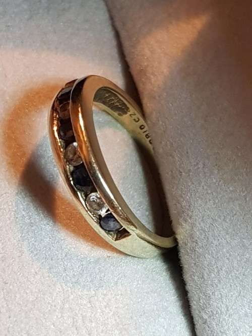 9ct Yellow Gold Ring with sapphire blue and clear stones