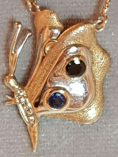 9ct Yellow and White Gold Diamond and Sapphire Butterfly Pendant with Box Chain