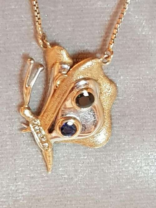 9ct Yellow and White Gold Diamond and Sapphire Butterfly Pendant with Box Chain
