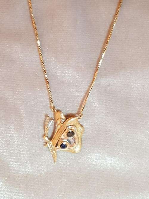 9ct Yellow and White Gold Diamond and Sapphire Butterfly Pendant with Box Chain