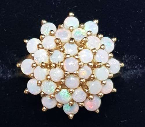 9ct Gold Natural 31 Iridescent Opals Tiered Raised Cluster Ring