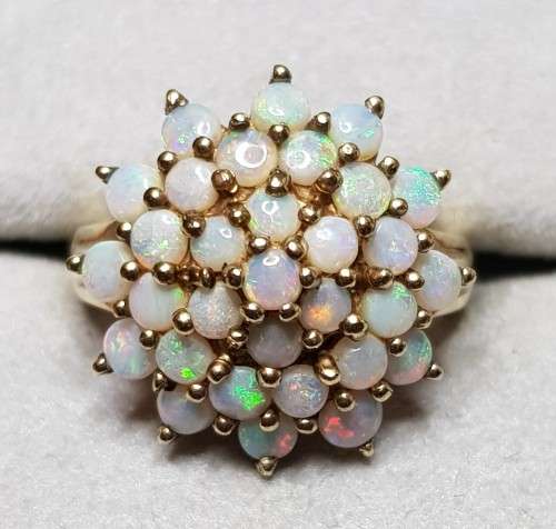 9ct Gold Natural 31 Iridescent Opals Tiered Raised Cluster Ring