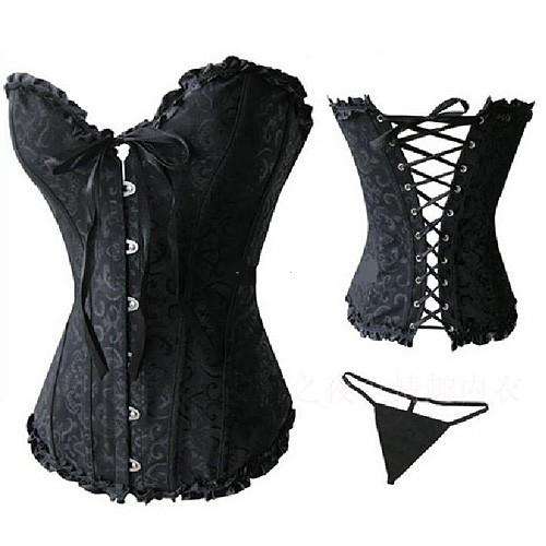 Lace Up Brocade Corset Bustier with G-String