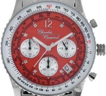 BRAND NEW - Charles Conrad STEEL straps with 8 Diamonds,Chrono, Red Dial Slide Rule