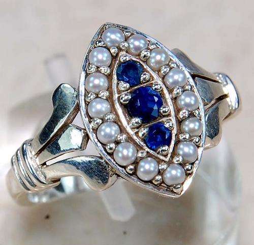 Beautiful Natural Sapphire, Seed Pearl and 925 Solid Sterling Silver Ring Sz 6.5