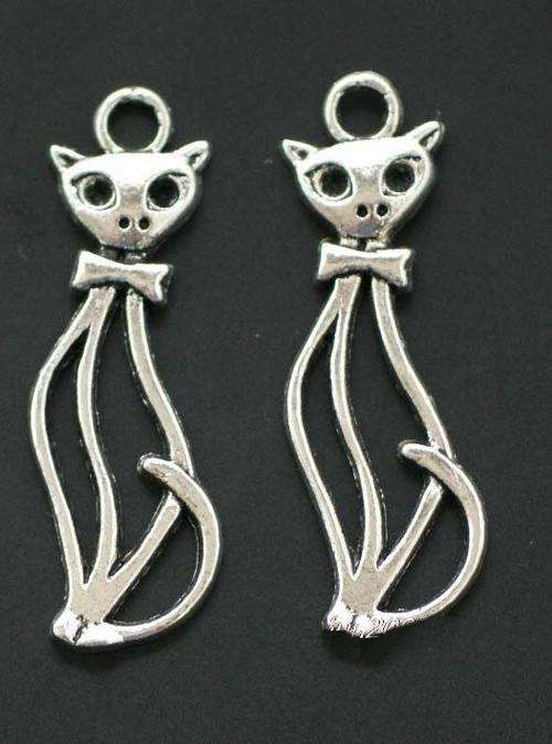 Tibet Silver Cat Charm-  34 x 12mm