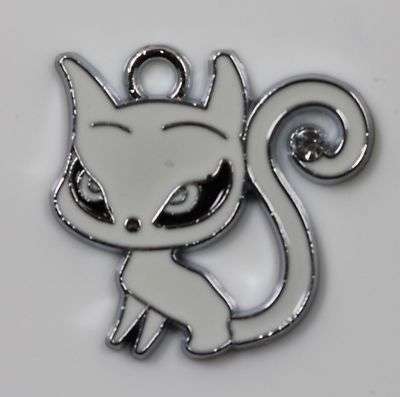 Silver plated, Enamel with Rhinestone Kitten Charms - White  - 26 x 26mm