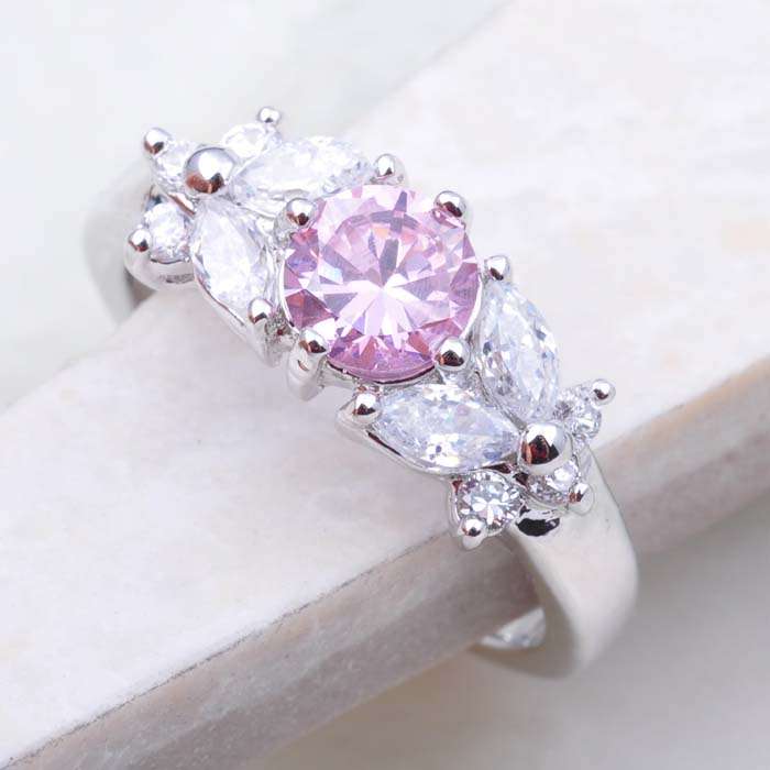 Pink & White Topaz & 18K WGP Dress Ring- Size 7.75
