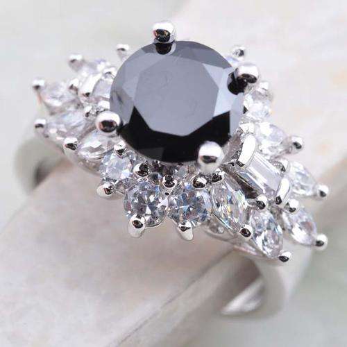 Black Quartz, White Topaz Silver Dress Ring- Size 7.75