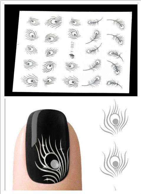 Nail Art - Water Transfer Stickers - Silver Peacock Feathers