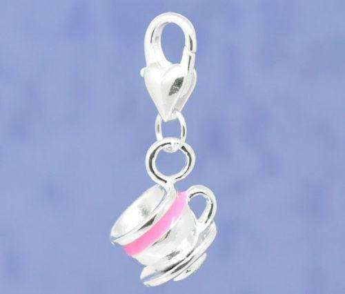 2 x Silver Plated/Enamel Clip-on Charm - Tea Cup