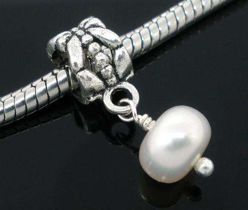 Tibet Silver  & Real Freshwater Pearl "Dangle" charm - Fits Pan & Euro Bracelet