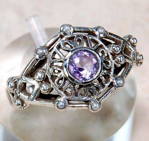 Elegant Amethyst, Seed Pearl & Solid 925 Sterling Silver Filigree Ring   (6.25) (M)