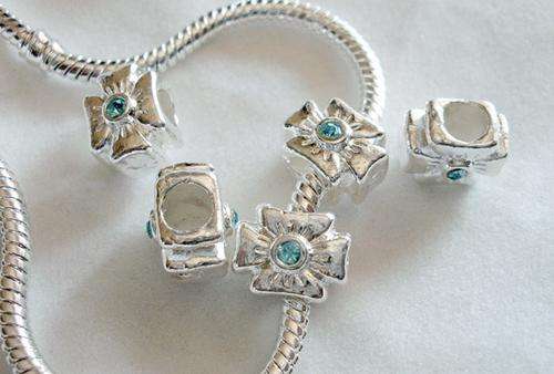 Aquamarine Rhinestone, Silver Plated Spacer beads -Fits Pan & Euro Bracelets