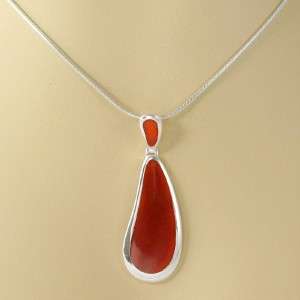 Beautiful Large .925 Sterling & Orange-Red Agate Teardrop Pendant with .925 chain