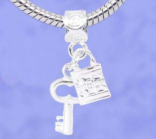 Silver Plated Lock & Key  "Dangle" charm - Fits Pan & Euro Bracelet