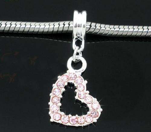 Silver Plated Pink Rhinestone Heart  "Dangle" charm - Fits Pan & Euro Bracelet