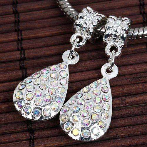 Silver Plated, Clear AB Crystal, Teardrop  "Dangle" charm - Fits Pan & Euro Bracelet