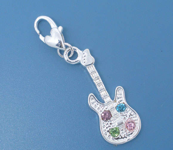 Silver Plated & Rhinestone Guitar Clip-on Charms