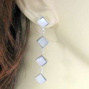 BEAUTIFUL Mother of Pearl, .925 sterling Silver Diamond Dangle Earrings