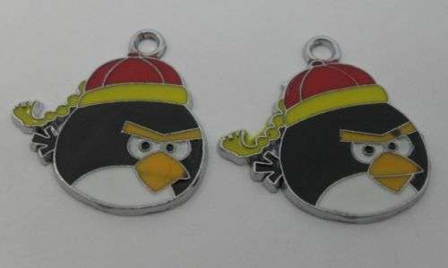 Silver plated Enamel Angry Birds Charms - Black - 26 x 25mm