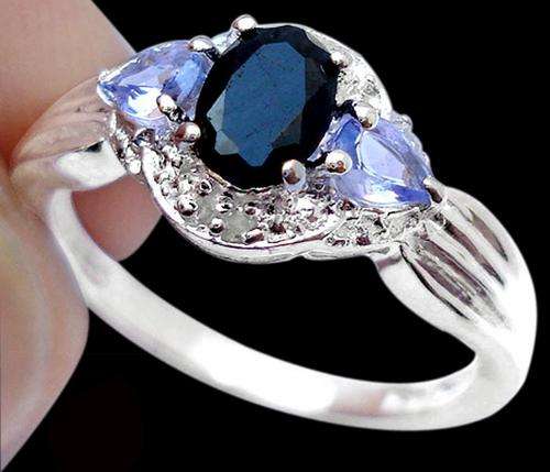 DIAMOND & BLUE SAPPHIRE OVAL & TANZANITE + SOLID 925 STERLING SILVER