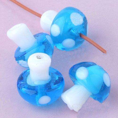 Blue Lampwork Glass Mushroom Beads - 12 x 14mm
