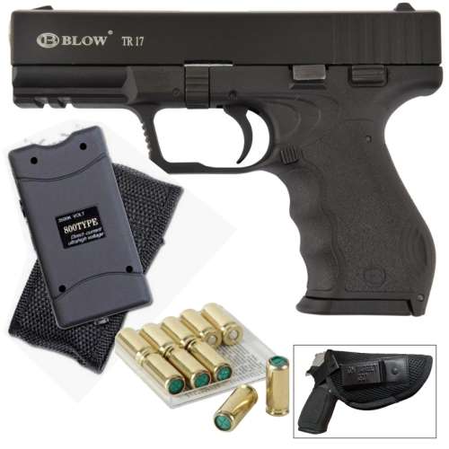 BLANK GUN SECURITY COMBO: Blow TR17 Glock with Blanks, Holster and 3,8 Mil Volts Stun Gun